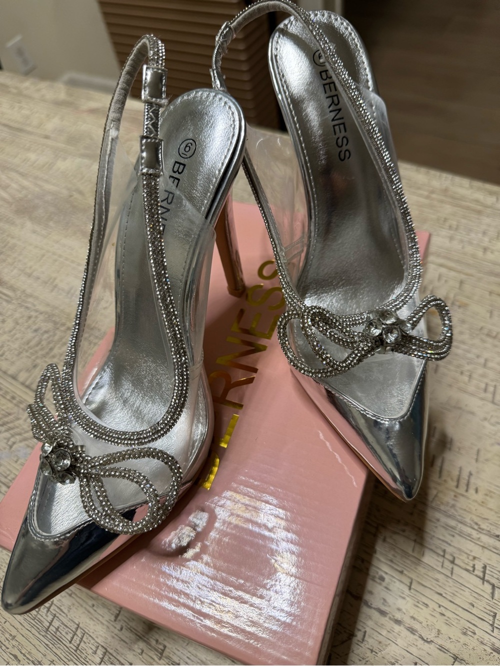 Silver Pointed Toe Slingback Heels with Rhinestone Bow - Picture 2 of 3